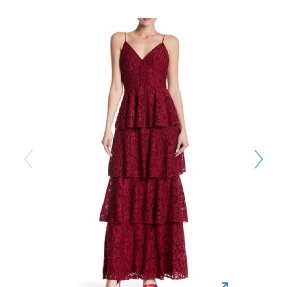 Monique Lhullier Burgundy Lace Tiered Dress